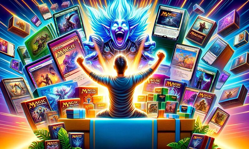 Ein Mann jubelt mit erhobenen Armen vor einer leuchtenden Figur, umgeben von Magic: The Gathering Karten und Boxen. | © Sabrina Forst / Ki generiert