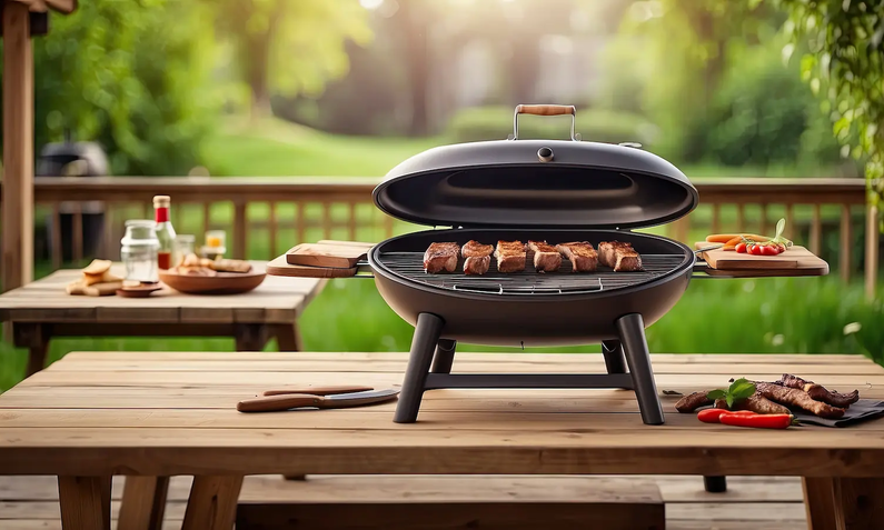 Kleiner Gasgrill im Hinterhof auf einem leeren Holztisch. | © adobe.stock.com/Uzair