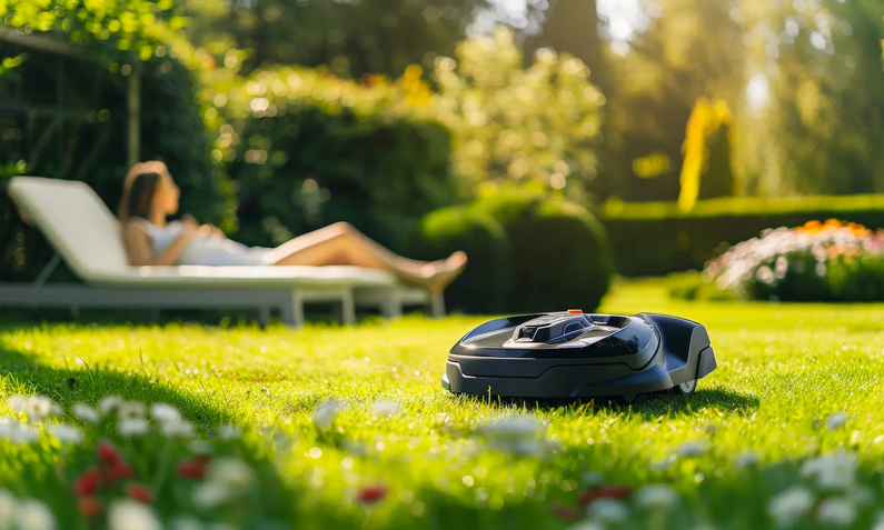 Mähroboter ohne Begrenzungskabel fährt durch den Garten, während sich eine Frau im Hintergrund entspannt. | © adobe.stock.com/AndyPhoton