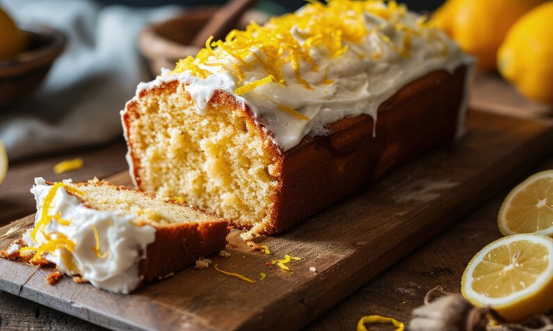 Angeschnittener Zitronenkuchen in Kastenform auf einem Brett liegend mit Guss überzogen. | © Adobe Stock / HN Works