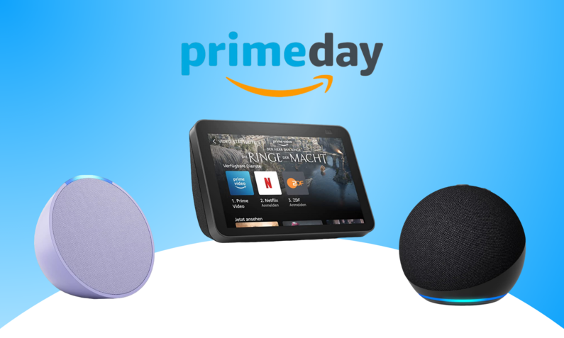 Das Logo des Prime Day 2024, darunter ein Echo Pop in hellblau, ein Echo Dot und ein Echo Show, beides in schwarz | © Amazon