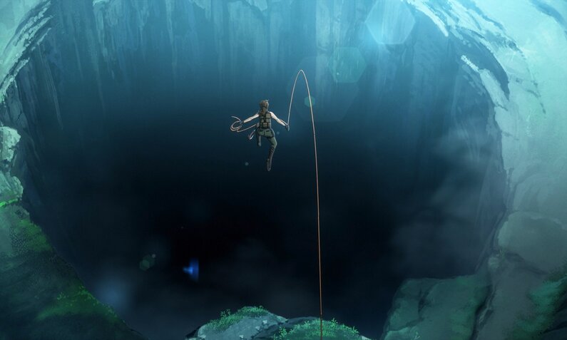 Lara Croft springt am Seil in eine gigantische Höhle n einer Szene aus der Netflix-Serie "Tomb Raider: The Legend of Lara Croft" | © Netflix