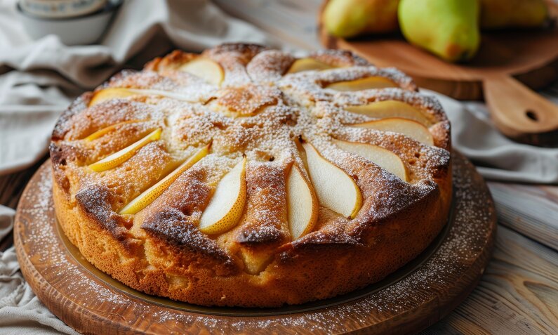 Joghurtkuchen mit Apfelstückchen bestreut mit Puderzucker. | © Adobe Stock / LimeSky