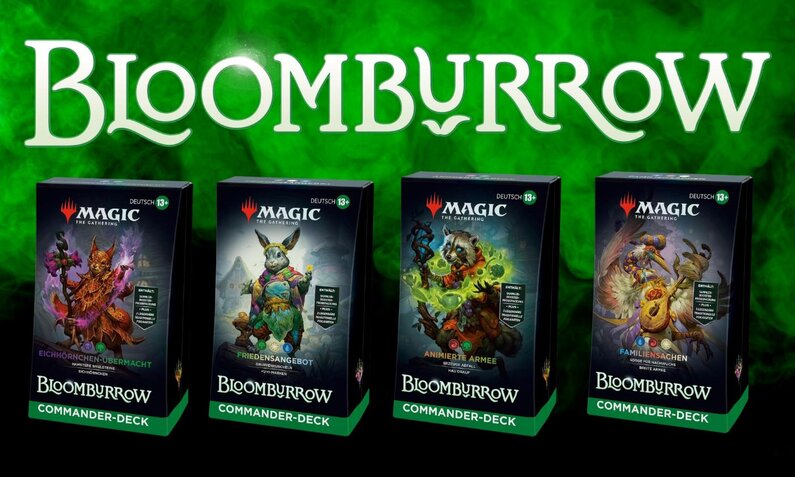 Vier "Magic: The Gathering"-Commander-Decks aus der BloomBurrow-Serie vor grünem Nebel mit Text "BLOOMBURROW" im Hintergrund. | © Wizards of the Coast