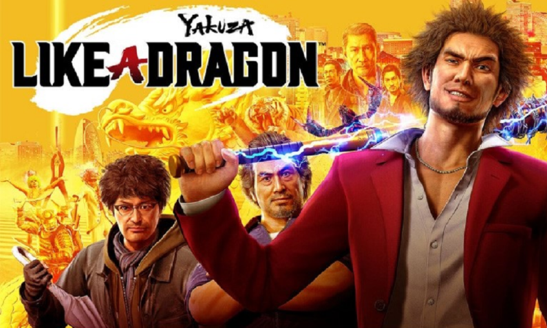 Charaktere aus „Yakuza: Like a Dragon", vorne Ichiban Kasuga Mann im roten Anzug mit leuchtendem Baseballschläger, im Hintergrund eine Stadt und Drachen. | © Amazon