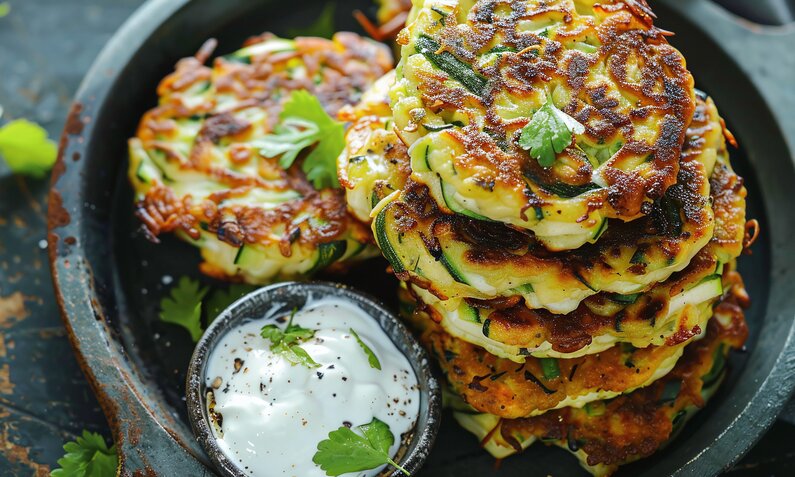 Gestapelte Zucchini-Kartoffelpuffer auf einem schwarzen Teller, daneben eine kleine Schale mit Dip. | © Adobe Stock / bmf-foto.de