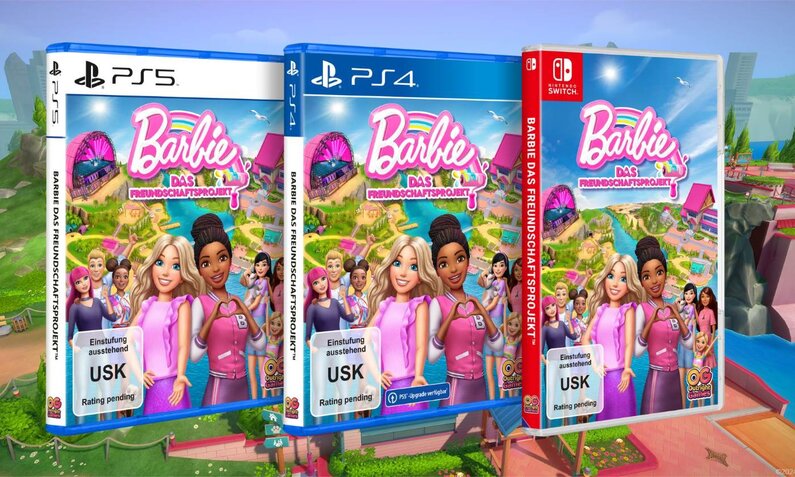 Drei Videospielhüllen von "Barbie: Das Freundschaftsprojekt" für PS5, PS4 und Nintendo Switch zeigen Barbie und eine Freundin, die vor einer bunten Freizeitparklandschaft stehen. | © Mattel / Outright Games