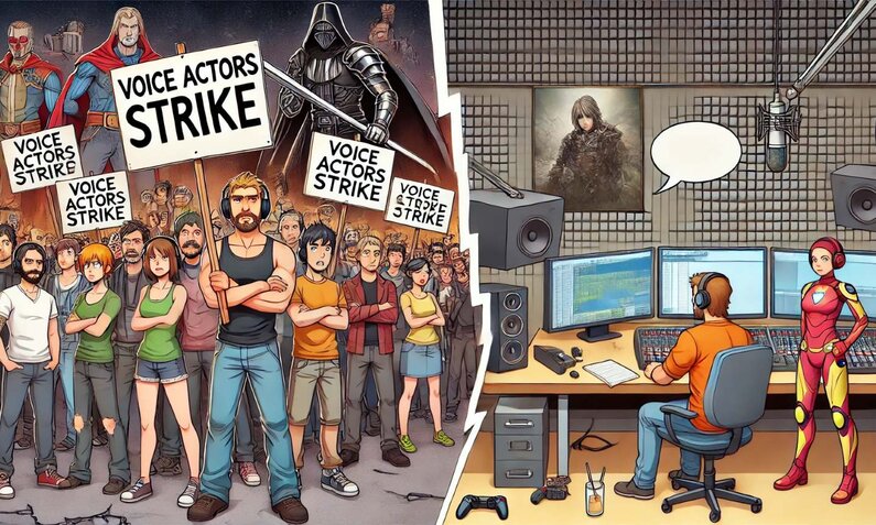 Eine Gruppe von Comicfiguren protestiert mit Schildern "Voice Actors Strike", rechts ein Tonstudio mit einem Toningenieur und einer Superheldin. | © Sabrina Forst / KI-generiert