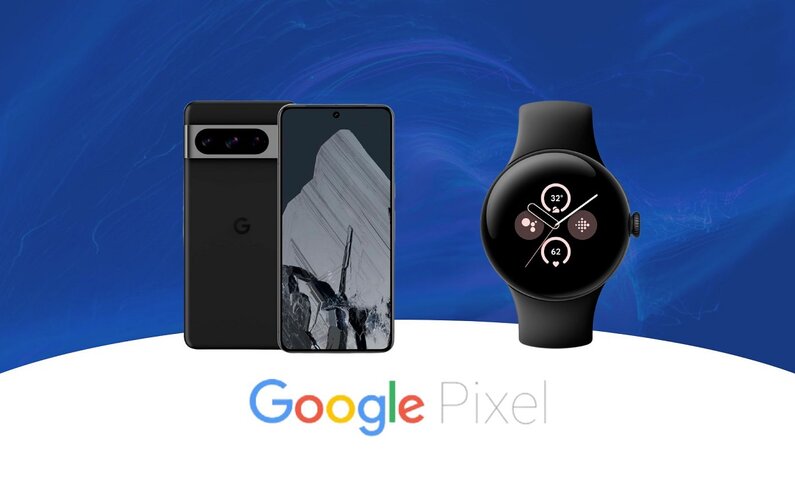 Google Pixel 8 und Google Pixel Watch 2, beides in schwarz | © Amazon/Google