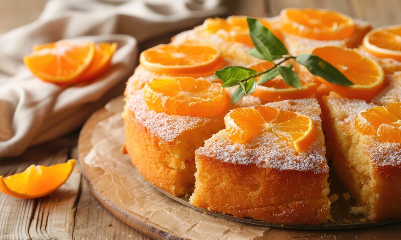 In Stücke geschnittener Mandarinen-Kuchen mit Mandarinenscheiben garniert und mit Puderzucker bestreut. | © Adobe Stock /  2rogan