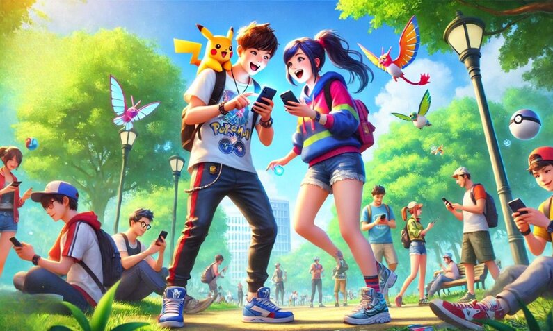 Zwei Jugendliche spielen begeistert Pokémon GO auf ihren Smartphones in einem sonnigen Park, umgeben von anderen Spielern und fliegenden Pokémon. | © Sabrina Forst – KI generiert