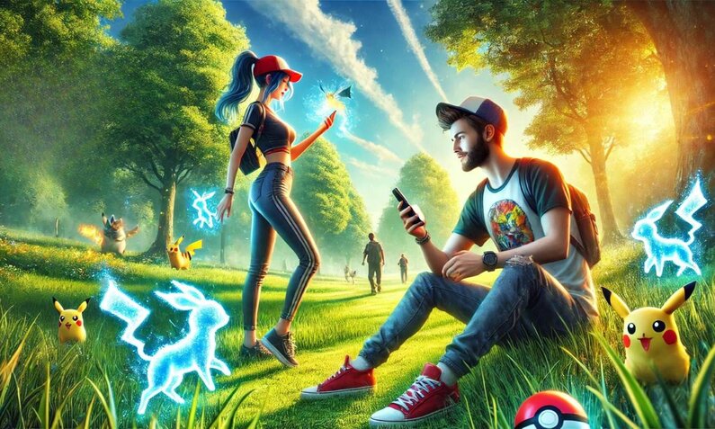 Ein junger Mann sitzt im Sonnenlicht auf einer Wiese, während eine junge Frau mit Smartphone Pokémon fängt, umgeben von Pikachu und anderen Figuren. | © Sabrina Forst / KI generiert