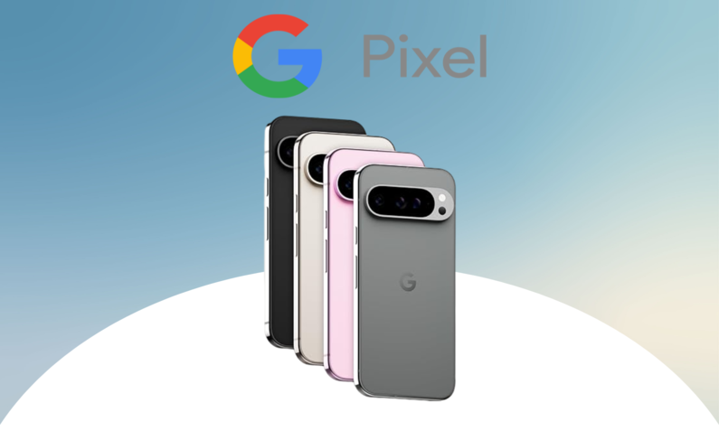 Rückansicht von vier Google Pixel 9-Smartphones in verschiedenen Farben vor blau-weißem Hintergrund mit großem Google-Logo. | © Amazon/Google